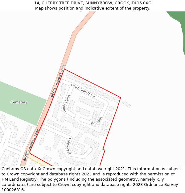 14, CHERRY TREE DRIVE, SUNNYBROW, CROOK, DL15 0XG: Location map and indicative extent of plot