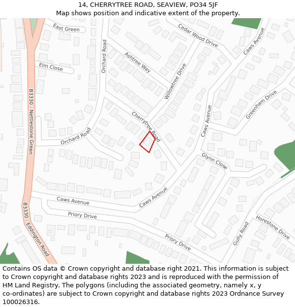 14, CHERRYTREE ROAD, SEAVIEW, PO34 5JF: Location map and indicative extent of plot