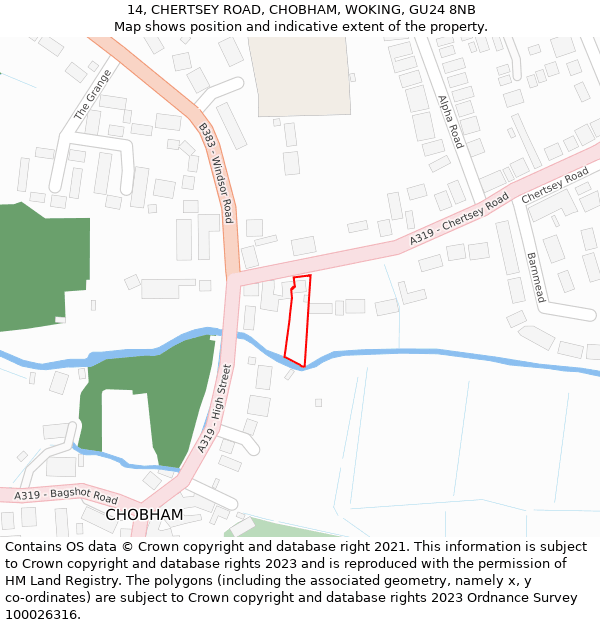 14, CHERTSEY ROAD, CHOBHAM, WOKING, GU24 8NB: Location map and indicative extent of plot