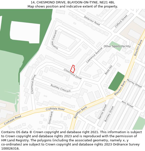 14, CHESMOND DRIVE, BLAYDON-ON-TYNE, NE21 4BL: Location map and indicative extent of plot