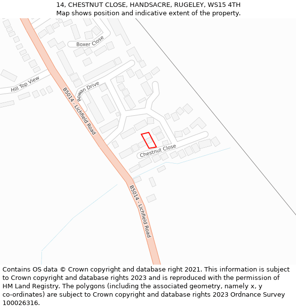 14, CHESTNUT CLOSE, HANDSACRE, RUGELEY, WS15 4TH: Location map and indicative extent of plot