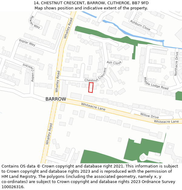 14, CHESTNUT CRESCENT, BARROW, CLITHEROE, BB7 9FD: Location map and indicative extent of plot