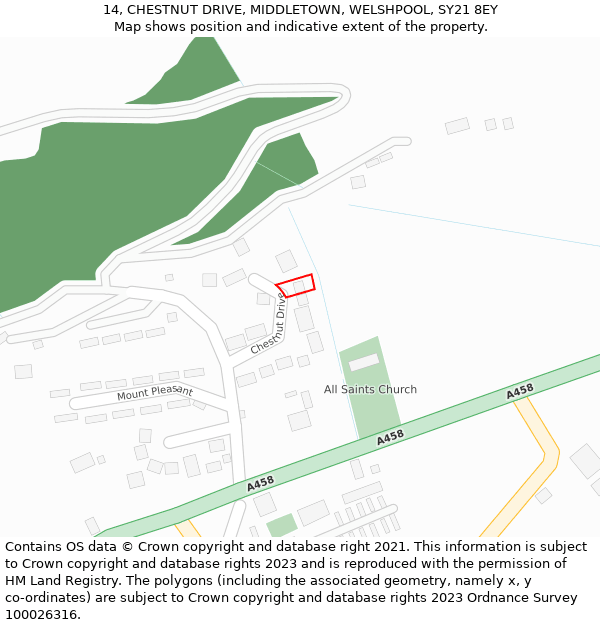 14, CHESTNUT DRIVE, MIDDLETOWN, WELSHPOOL, SY21 8EY: Location map and indicative extent of plot