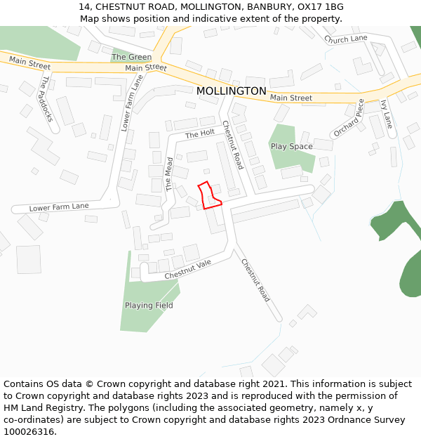 14, CHESTNUT ROAD, MOLLINGTON, BANBURY, OX17 1BG: Location map and indicative extent of plot