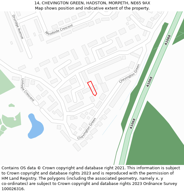 14, CHEVINGTON GREEN, HADSTON, MORPETH, NE65 9AX: Location map and indicative extent of plot