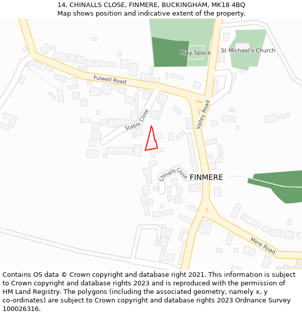 14, CHINALLS CLOSE, FINMERE, BUCKINGHAM, MK18 4BQ: Location map and indicative extent of plot