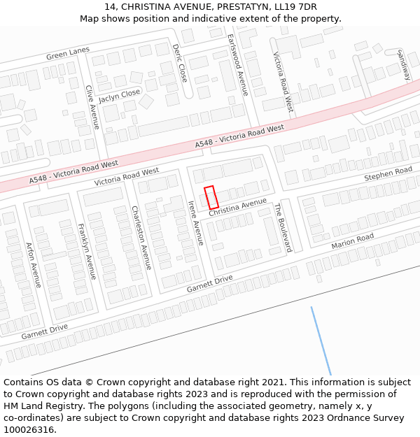 14, CHRISTINA AVENUE, PRESTATYN, LL19 7DR: Location map and indicative extent of plot