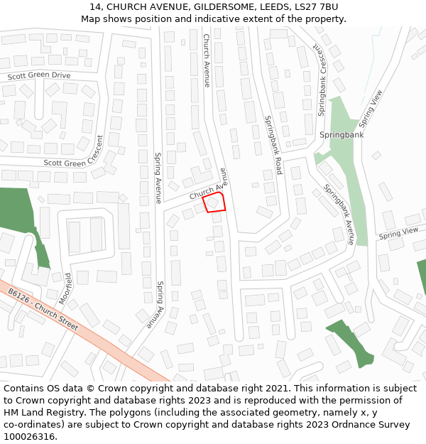 14, CHURCH AVENUE, GILDERSOME, LEEDS, LS27 7BU: Location map and indicative extent of plot
