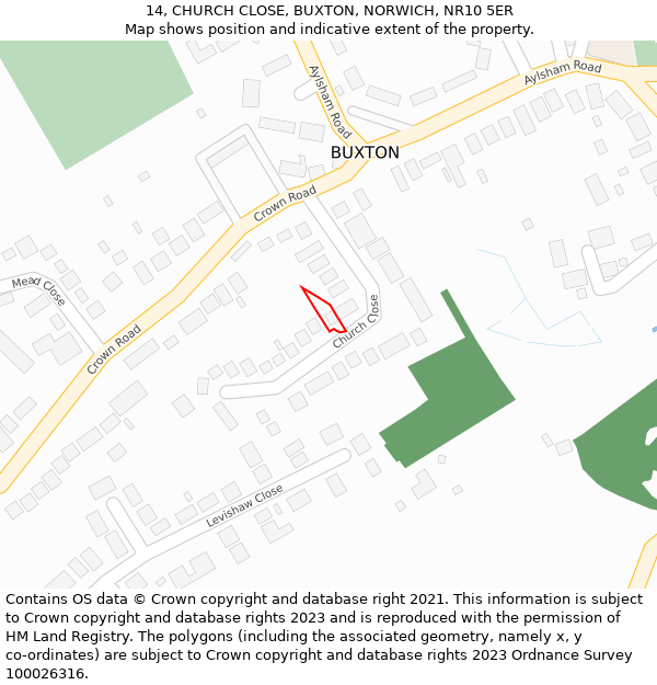 14, CHURCH CLOSE, BUXTON, NORWICH, NR10 5ER: Location map and indicative extent of plot
