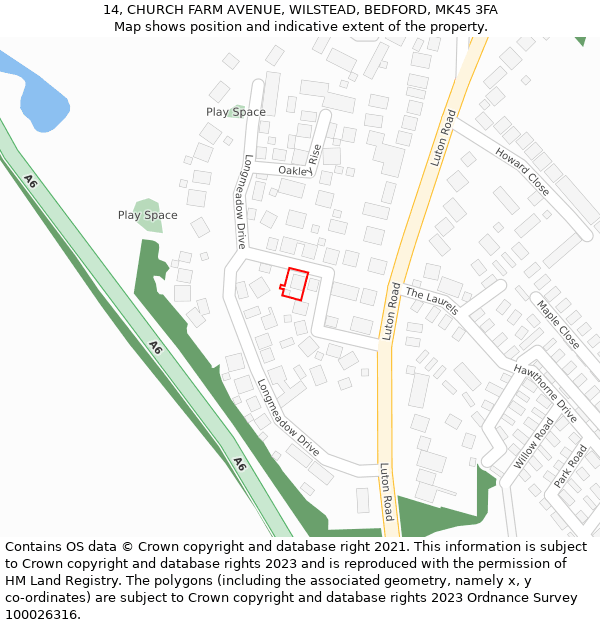 14, CHURCH FARM AVENUE, WILSTEAD, BEDFORD, MK45 3FA: Location map and indicative extent of plot