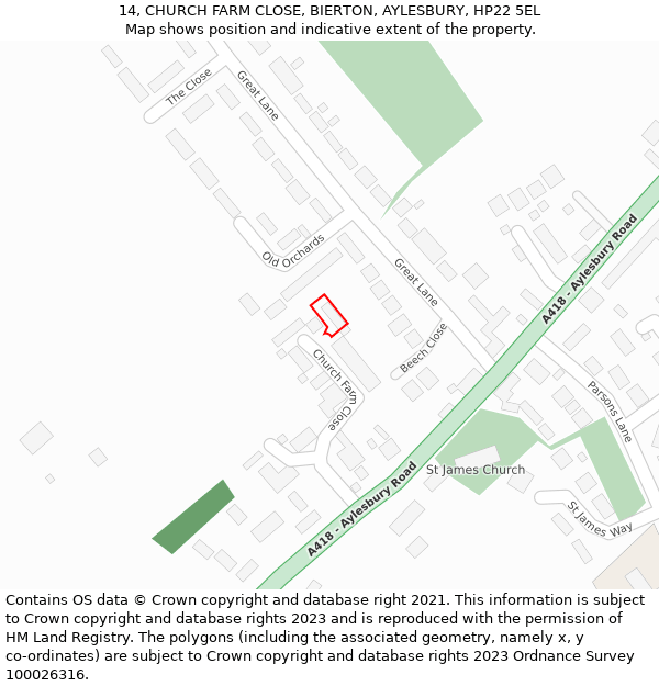 14, CHURCH FARM CLOSE, BIERTON, AYLESBURY, HP22 5EL: Location map and indicative extent of plot