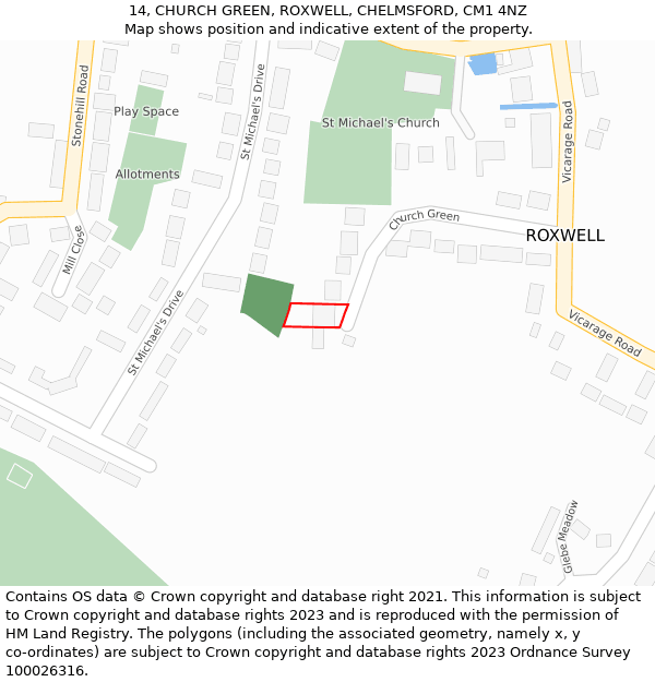 14, CHURCH GREEN, ROXWELL, CHELMSFORD, CM1 4NZ: Location map and indicative extent of plot