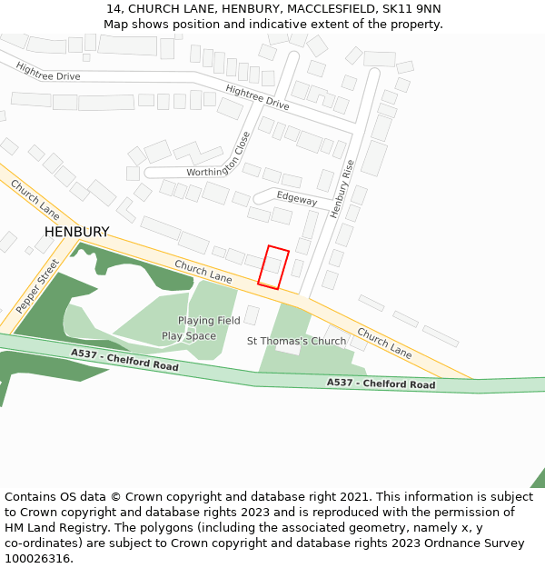 14, CHURCH LANE, HENBURY, MACCLESFIELD, SK11 9NN: Location map and indicative extent of plot
