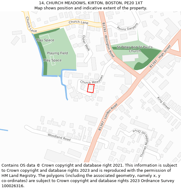 14, CHURCH MEADOWS, KIRTON, BOSTON, PE20 1XT: Location map and indicative extent of plot