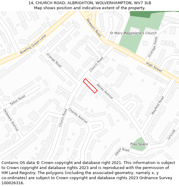 14, CHURCH ROAD, ALBRIGHTON, WOLVERHAMPTON, WV7 3LB: Location map and indicative extent of plot