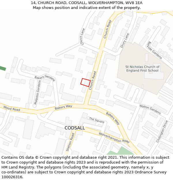 14, CHURCH ROAD, CODSALL, WOLVERHAMPTON, WV8 1EA: Location map and indicative extent of plot