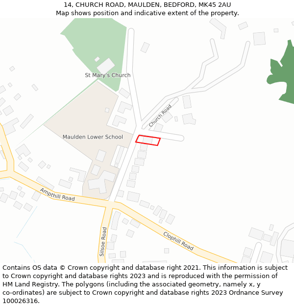 14, CHURCH ROAD, MAULDEN, BEDFORD, MK45 2AU: Location map and indicative extent of plot
