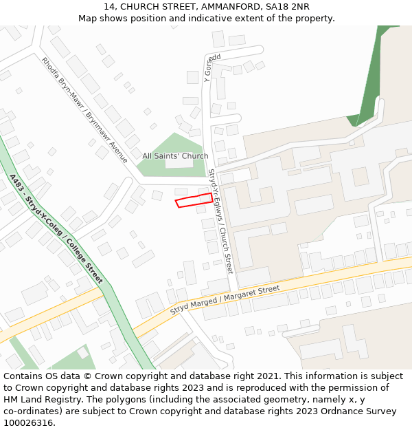14, CHURCH STREET, AMMANFORD, SA18 2NR: Location map and indicative extent of plot