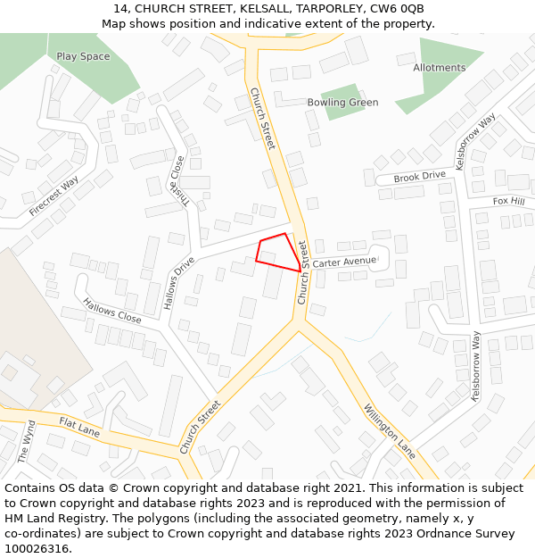 14, CHURCH STREET, KELSALL, TARPORLEY, CW6 0QB: Location map and indicative extent of plot
