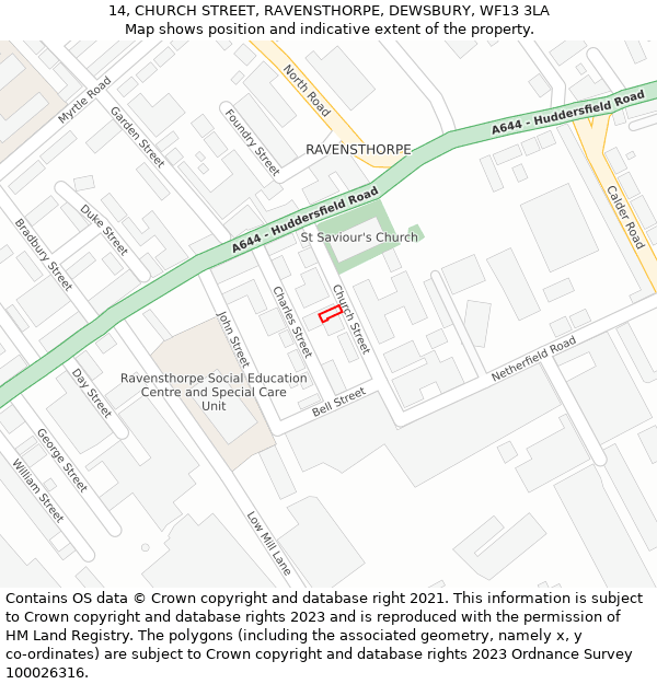 14, CHURCH STREET, RAVENSTHORPE, DEWSBURY, WF13 3LA: Location map and indicative extent of plot