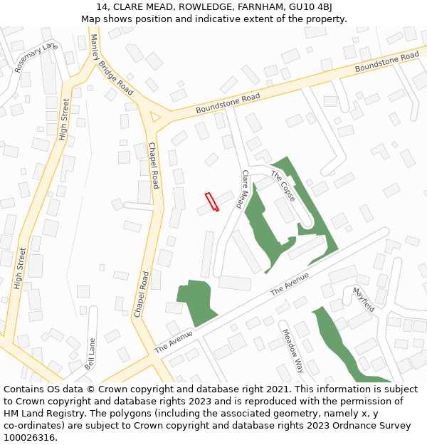 14, CLARE MEAD, ROWLEDGE, FARNHAM, GU10 4BJ: Location map and indicative extent of plot