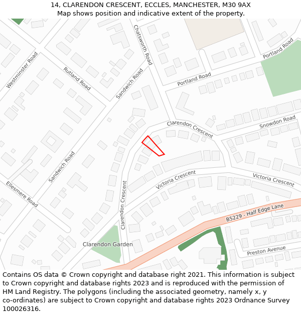 14, CLARENDON CRESCENT, ECCLES, MANCHESTER, M30 9AX: Location map and indicative extent of plot