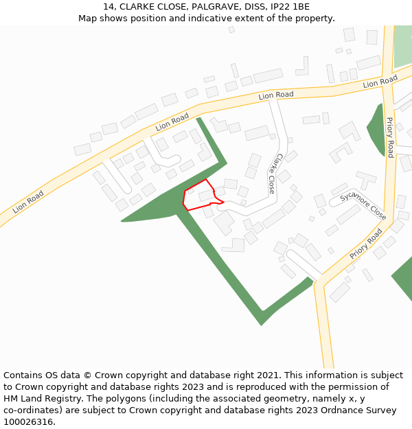 14, CLARKE CLOSE, PALGRAVE, DISS, IP22 1BE: Location map and indicative extent of plot