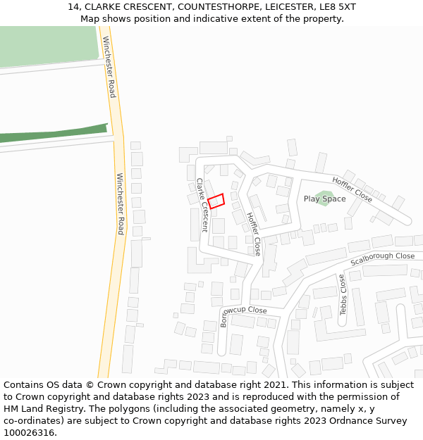 14, CLARKE CRESCENT, COUNTESTHORPE, LEICESTER, LE8 5XT: Location map and indicative extent of plot