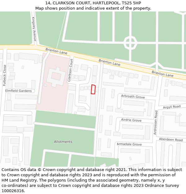 14, CLARKSON COURT, HARTLEPOOL, TS25 5HP: Location map and indicative extent of plot