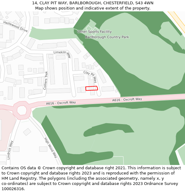 14, CLAY PIT WAY, BARLBOROUGH, CHESTERFIELD, S43 4WN: Location map and indicative extent of plot