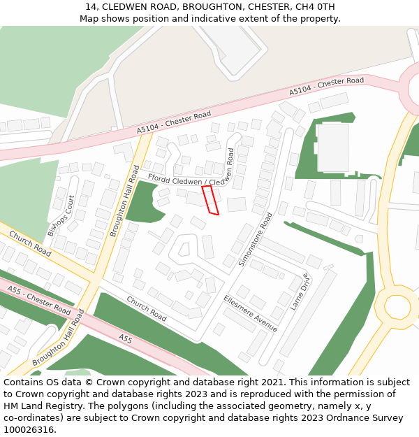 14, CLEDWEN ROAD, BROUGHTON, CHESTER, CH4 0TH: Location map and indicative extent of plot
