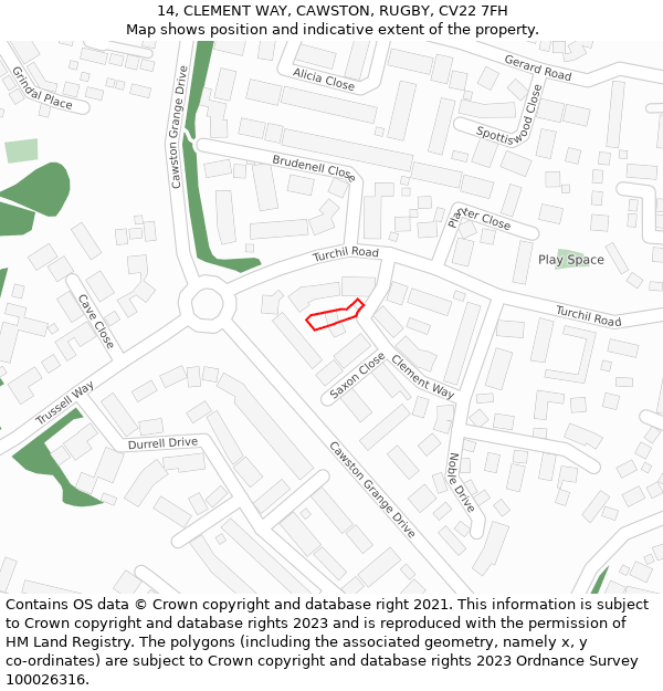 14, CLEMENT WAY, CAWSTON, RUGBY, CV22 7FH: Location map and indicative extent of plot