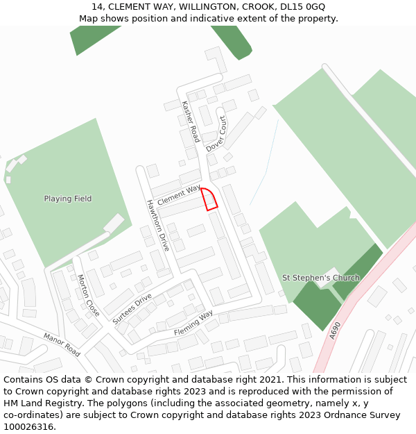 14, CLEMENT WAY, WILLINGTON, CROOK, DL15 0GQ: Location map and indicative extent of plot