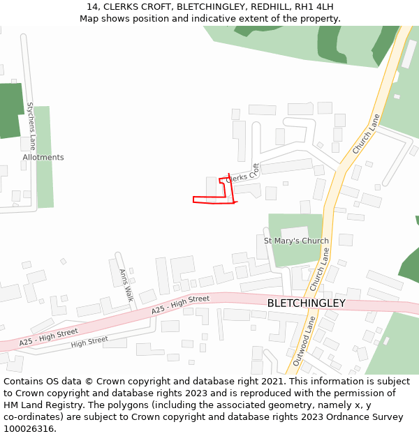 14, CLERKS CROFT, BLETCHINGLEY, REDHILL, RH1 4LH: Location map and indicative extent of plot