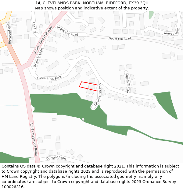 14, CLEVELANDS PARK, NORTHAM, BIDEFORD, EX39 3QH: Location map and indicative extent of plot