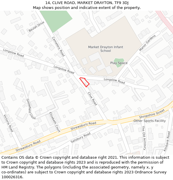 14, CLIVE ROAD, MARKET DRAYTON, TF9 3DJ: Location map and indicative extent of plot