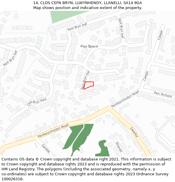 14, CLOS CEFN BRYN, LLWYNHENDY, LLANELLI, SA14 9GA: Location map and indicative extent of plot