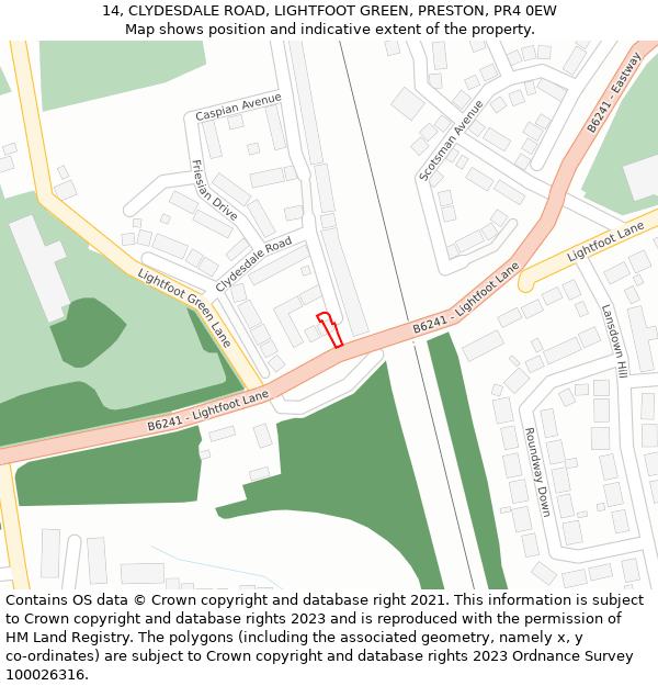 14, CLYDESDALE ROAD, LIGHTFOOT GREEN, PRESTON, PR4 0EW: Location map and indicative extent of plot