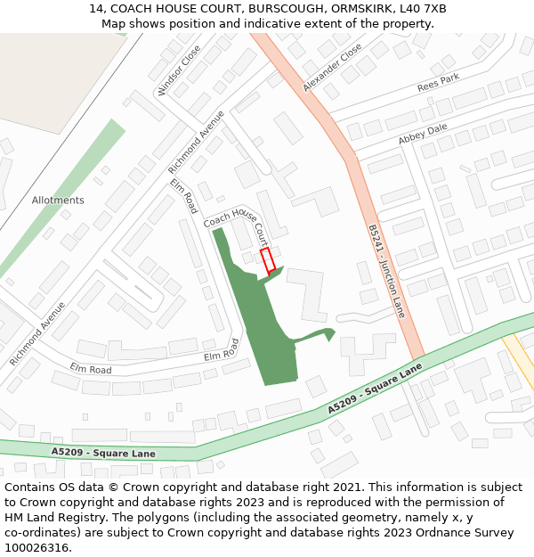 14, COACH HOUSE COURT, BURSCOUGH, ORMSKIRK, L40 7XB: Location map and indicative extent of plot