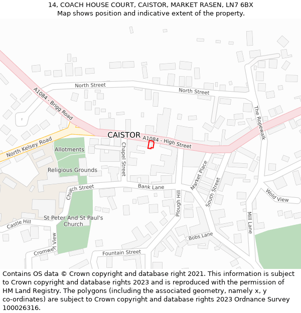 14, COACH HOUSE COURT, CAISTOR, MARKET RASEN, LN7 6BX: Location map and indicative extent of plot