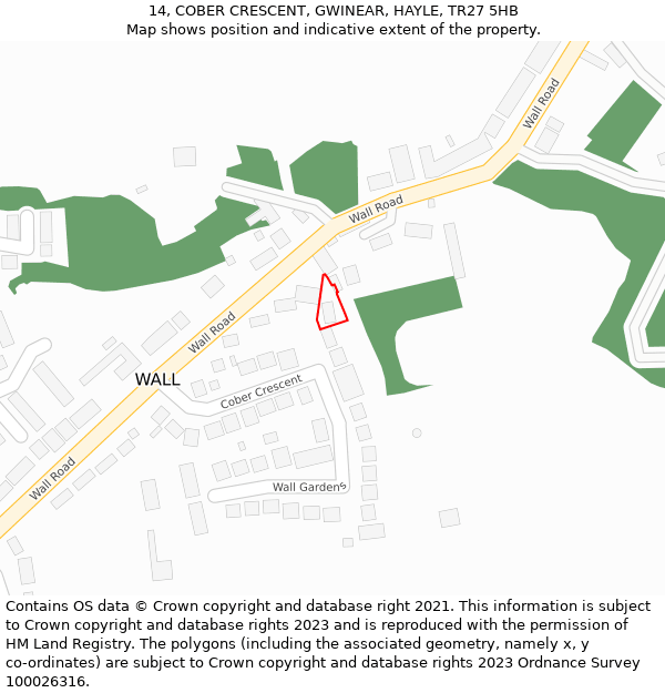 14, COBER CRESCENT, GWINEAR, HAYLE, TR27 5HB: Location map and indicative extent of plot