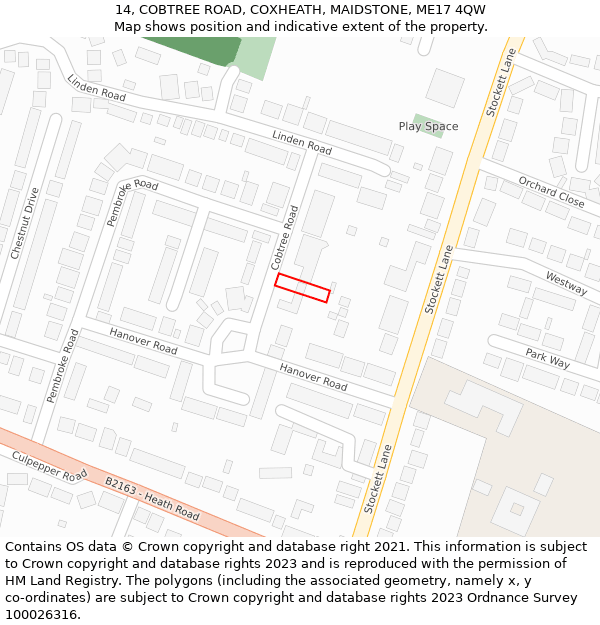 14, COBTREE ROAD, COXHEATH, MAIDSTONE, ME17 4QW: Location map and indicative extent of plot