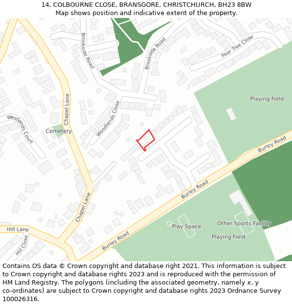 14, COLBOURNE CLOSE, BRANSGORE, CHRISTCHURCH, BH23 8BW: Location map and indicative extent of plot