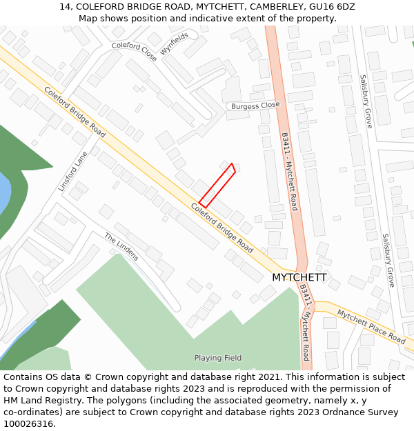 14, COLEFORD BRIDGE ROAD, MYTCHETT, CAMBERLEY, GU16 6DZ: Location map and indicative extent of plot