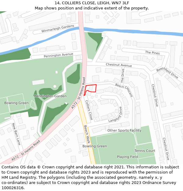 14, COLLIERS CLOSE, LEIGH, WN7 3LF: Location map and indicative extent of plot