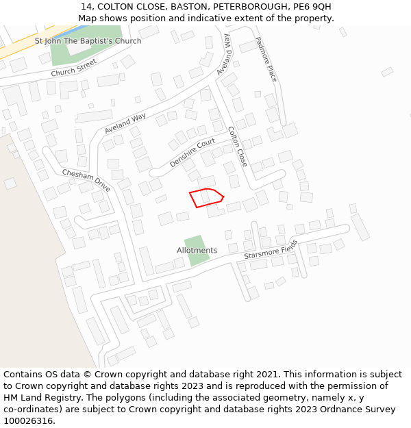 14, COLTON CLOSE, BASTON, PETERBOROUGH, PE6 9QH: Location map and indicative extent of plot