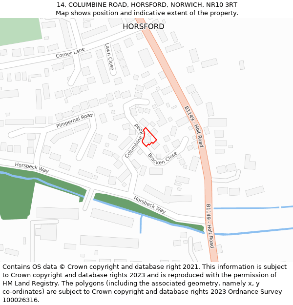 14, COLUMBINE ROAD, HORSFORD, NORWICH, NR10 3RT: Location map and indicative extent of plot