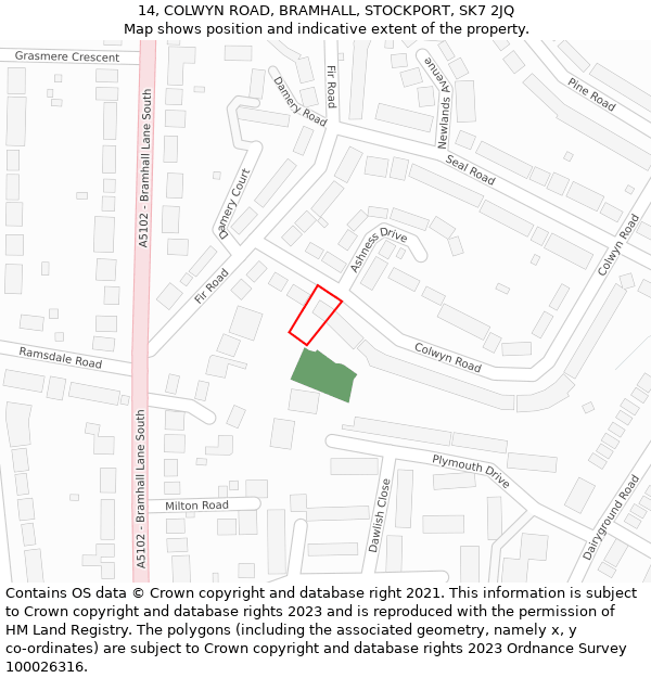 14, COLWYN ROAD, BRAMHALL, STOCKPORT, SK7 2JQ: Location map and indicative extent of plot