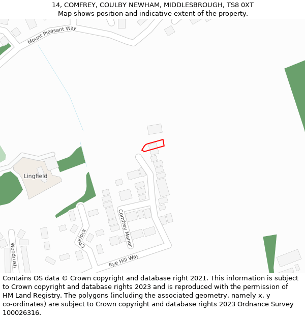 14, COMFREY, COULBY NEWHAM, MIDDLESBROUGH, TS8 0XT: Location map and indicative extent of plot