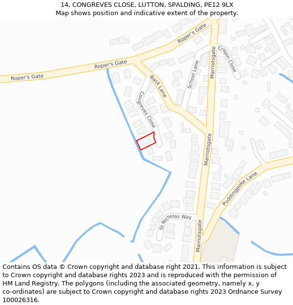 14, CONGREVES CLOSE, LUTTON, SPALDING, PE12 9LX: Location map and indicative extent of plot